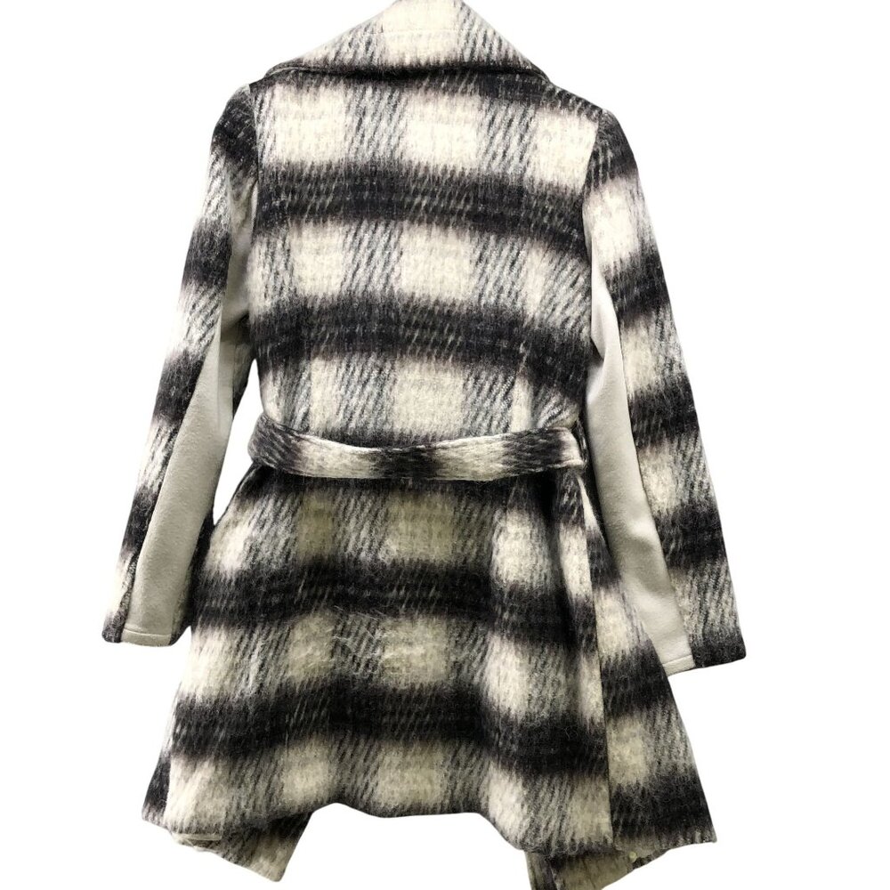 BCBGeneration Plaid Wool Blend Wrap Coat Womens Small S Black Ivory Fuzzy Long - Picture 3 of 13